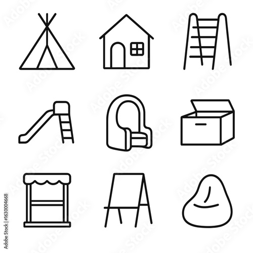 Play Furniture Icons. Outline icon set of play furniture and structures: teepee tent, playhouse, climbing ladder, slide, reading