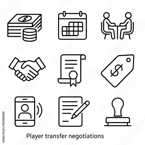 Player Transfer Icons. Outline icon set of player transfer negotiations: transfer fee stack, transfer window calendar, negotiation