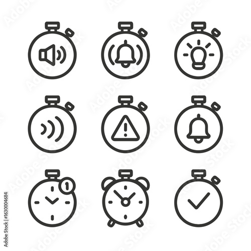 Stopwatch Icon Set. Outline icon set of stopwatch signals: beep alarm, vibration alert, flashing light, sound wave, countdown