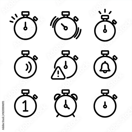 Stopwatch Icon Set. Outline icon set of stopwatch signals: beep alarm, vibration alert, flashing light, sound wave, countdown