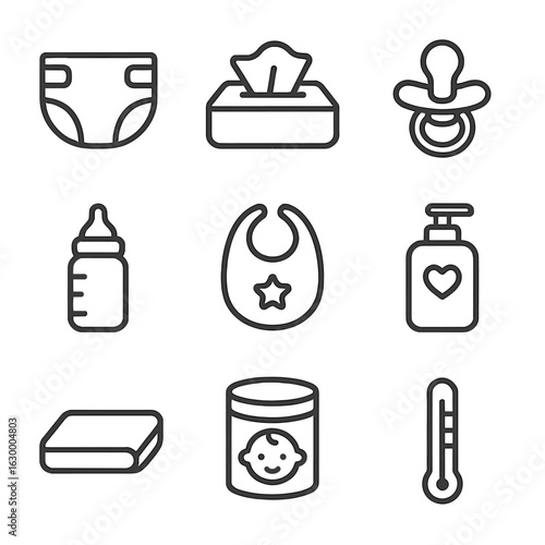 Baby Care Icons. Outline icon set of baby care necessities: diapers, baby wipes, pacifier, baby bottle, bib, baby lotion, changing