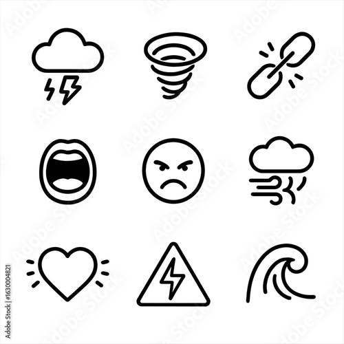 Emotional Turbulence Icons. Outline icon set of emotional turbulence: stormy cloud, whirlwind, broken chain, yelling mouth,
