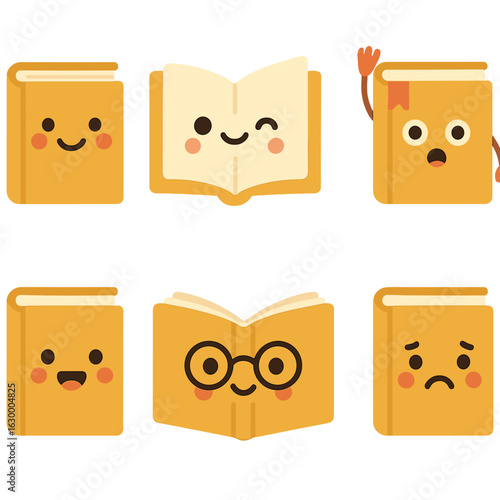 Playful Living Books. Flat vector mini-illustrations living books with faces in colors children's illustrations: smiling book,
