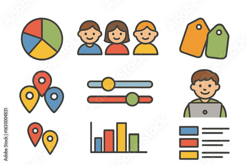 Playful Data Dashboard. Flat vector mini-illustrations customer segmentation dashboards in colors children's illustrations: pie