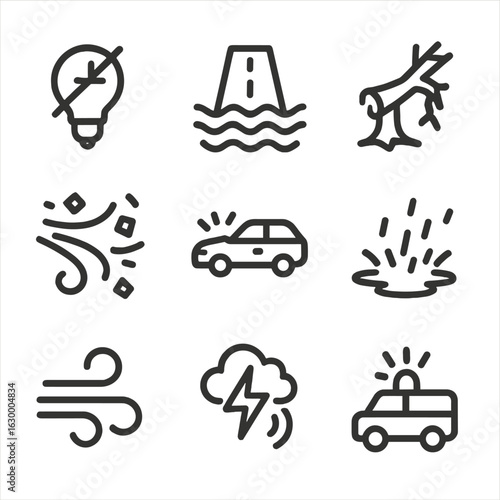 Stormfront Icon Set. Outline icon set of stormfront effects: power outage, flooded road, broken tree branch, flying debris,