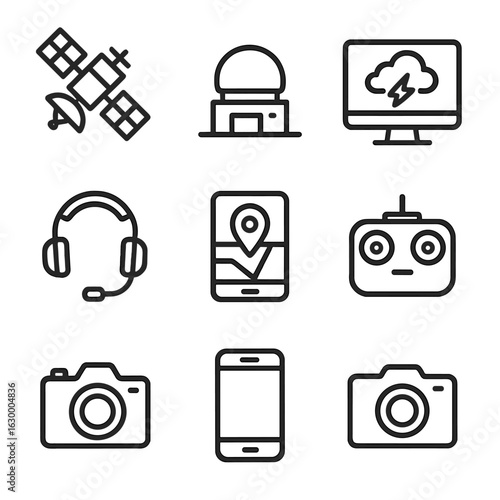 Storm Chaser Tools Icons. Outline icon set of storm chaser technology: weather satellite, Doppler radar, computer monitor, storm