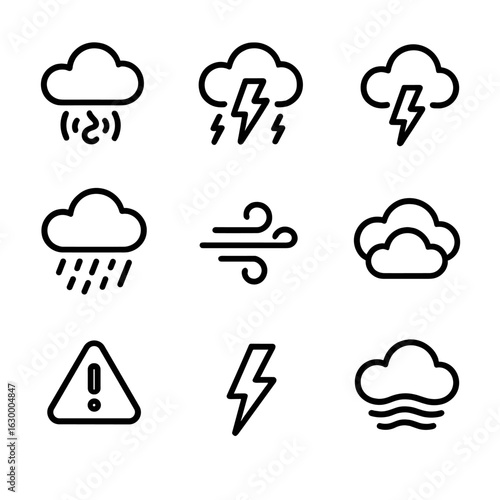 Storm Icons Set. Outline icon set of sky disturbances: rolling thunder, storm clouds, lightning flash, heavy rain, wind gust, dark