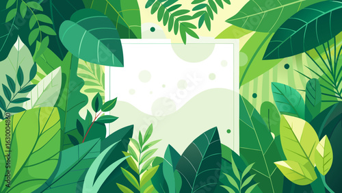 Vector art of lush green tropical foliage background with a white frame for text, showcasing vibrant leaves and natural botanical elements