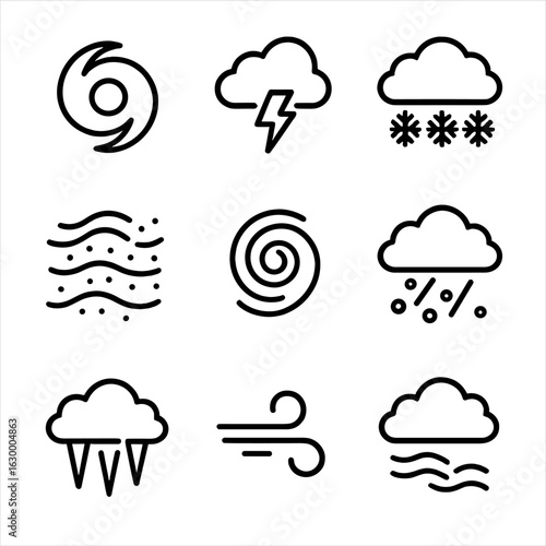 Storm Icon Set. Outline icon set of storm types: hurricane, thunderstorm, blizzard, dust storm, tropical cyclone, hailstorm, ice