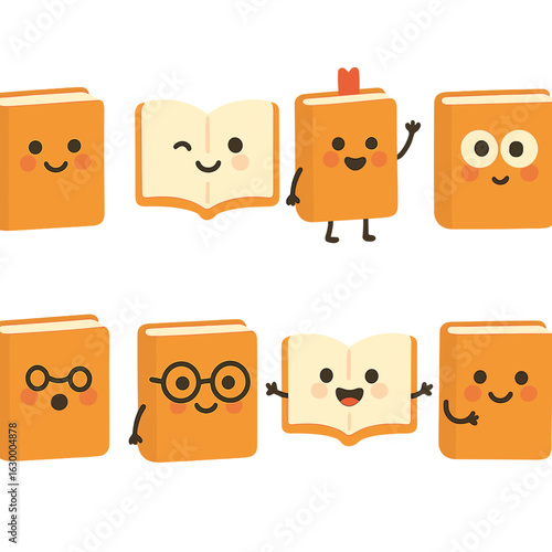 Playful Living Books. Flat vector mini-illustrations living books with faces in colors children's illustrations: smiling book,