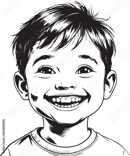Joyful Portrait: A black-and-white portrait capturing the innocent happiness of a young child, showcasing a wide, genuine smile.