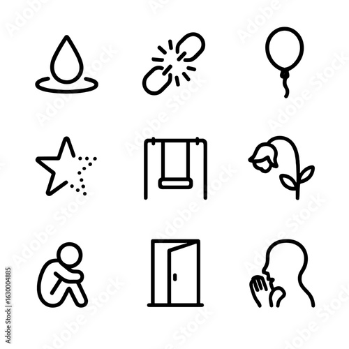 Grief Icon Set. Outline icon set of emotional grief: teardrop splash, broken chain, lost balloon, fading star, empty swing, wilted