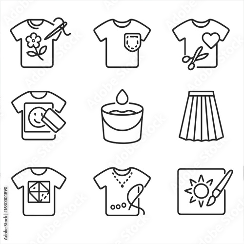 Clothing Customization Icons. Outline icon set of clothing customization techniques: embroidery, patch,