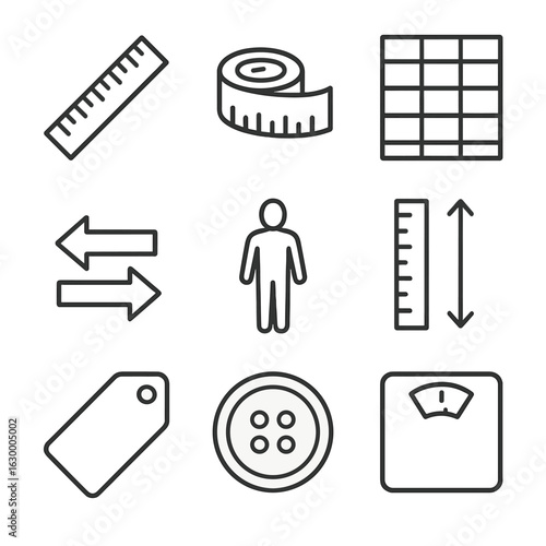 Clothing Size Icon Set. Outline icon set of clothing sizes and measurements: ruler, tape measure, size chart,