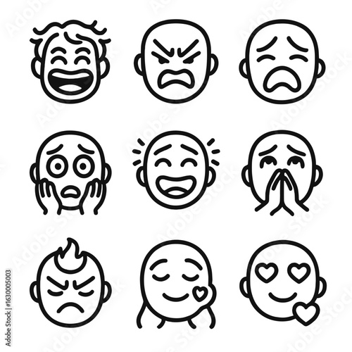 Emotions Icon Set. Outline icon set of untamed emotions: wild laughter, fierce anger, raging sorrow, blazing passion, deep fear,