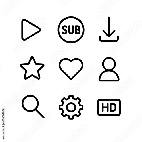 Streaming Platform Icons. Outline icon set of streaming platforms: play icon, subscription badge, download arrow, watchlist star,