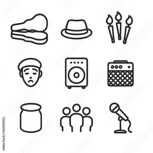 Street Performance Icons. Outline icon set of street performance: open guitar case, street hat, fire juggle, mime face, sidewalk