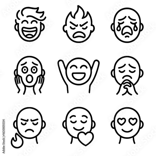 Emotions Icon Set. Outline icon set of untamed emotions: wild laughter, fierce anger, raging sorrow, blazing passion, deep fear,