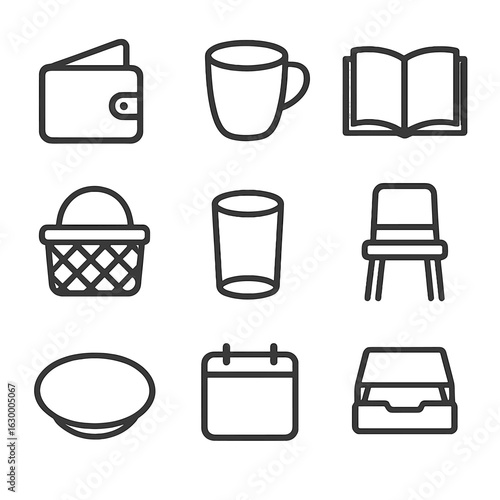 Emptiness Icon Set. Outline icon set of emptiness in everyday objects: empty wallet, hollow cup, open book, empty basket, clear