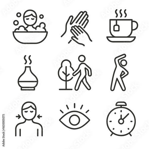 Stress Relief Icons. Outline icon set of stress relief: bubble bath, hand massage, soothing tea, aromatherapy diffuser, nature