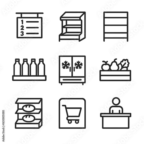 Grocery Store Icons. Outline icon set of grocery store layout: aisle sign, end cap, shelf, product row, freezer section, produce