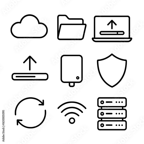 Cloud Backup Icons. Outline icon set of data backup to cloud: cloud icon, file folder, laptop, upload progress