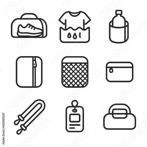 Gym Bag Icon Set. Outline icon set of gym bag compartments: shoe pocket, wet clothes section, bottle holder, side zipper, mesh