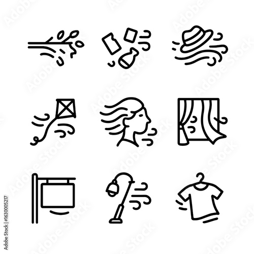 Gust Effect Icons. Outline icon set of gust effects: broken branches, scattered trash, flying hat, kite in wind, waving hair,