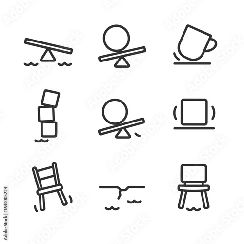 Balance Instability Icons. Outline icon set of instability in balance: teetering seesaw, off-center weight, tipping cup, unstable