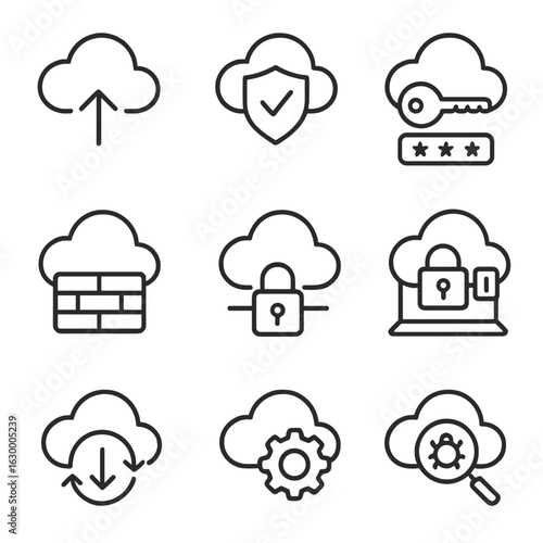 Cloud Security Icons. Outline icon set of cloud data protection: cloud upload, shield with checkmark, password