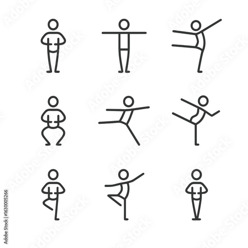 Ballet Position Icons. Outline icon set of dance positions: first position, second position, arabesque, plié, jeté, attitude, pass