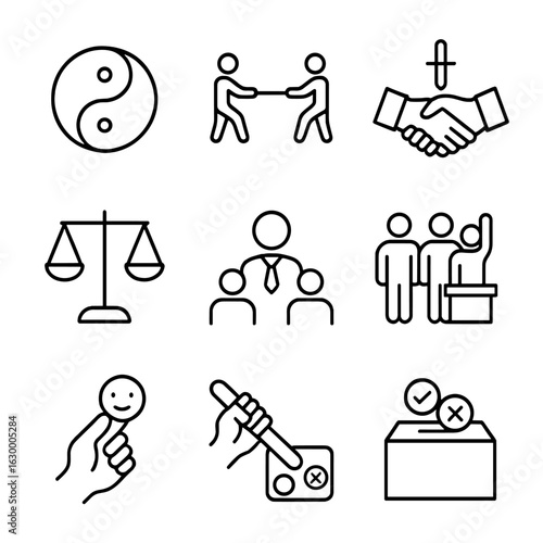 Balance of Power Icons. Outline icon set of balance of power: yin-yang, tug of war, handshake and dagger, equality scale, mediator