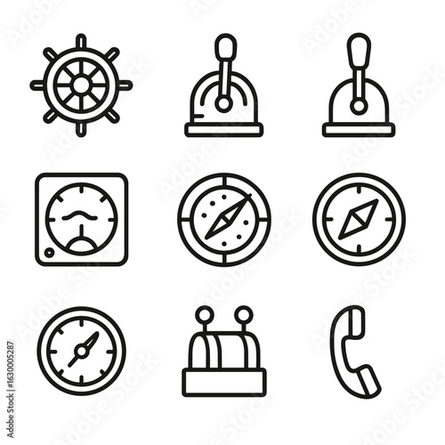Submarine Controls Icon Set. Outline icon set of submarine controls: steering wheel, throttle, dive control, sonar display, radar