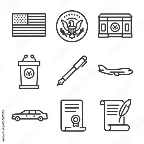 Presidential Icon Set. Outline icon set of presidential emblems: national flag, presidential seal, Oval Office desk, podium,
