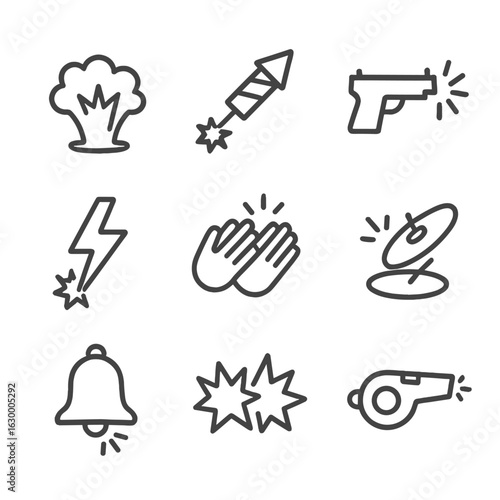 Bang Sound Icons. Outline icon set of bang in sound: explosion, firecracker, gunshot, thunder, clap, cymbal crash, bell, collision