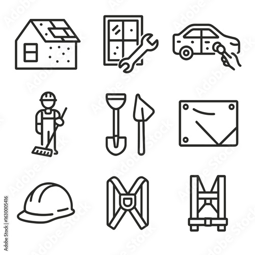 Hail Damage Repair Icons. Outline icon set of hail damage repair: roof patch, window replacement, car dent repair, insurance claim