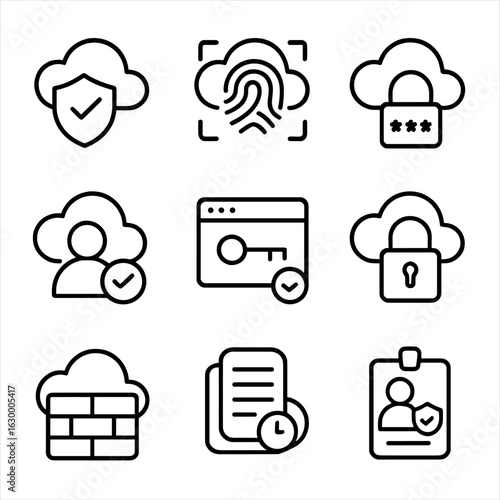 Cloud Security Icons. Outline icon set of cloud access control: cloud shield, biometric scan, password lock,