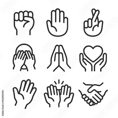 Hand Gesture Icons. Outline icon set of hand emotions: clenched fist, open palm, crossed fingers, hands covering face, hands in