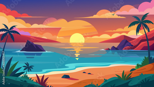 Vector art of vibrant tropical sunset over the ocean with palm trees and colorful sky, reflecting on the calm sea, creating a serene and beautiful beach paradise scene
