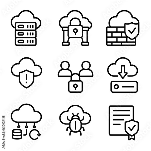 Cloud Security Icons. Outline icon set of cloud infrastructure security: cloud data center, secure gateway,