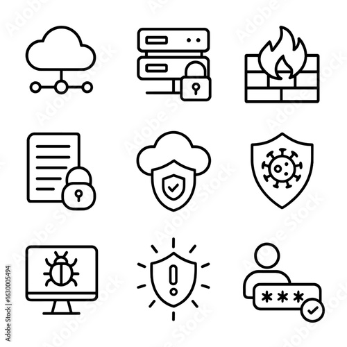 Cloud Security Icons. Outline icon set of cloud network security: cloud network, locked server, firewall, data