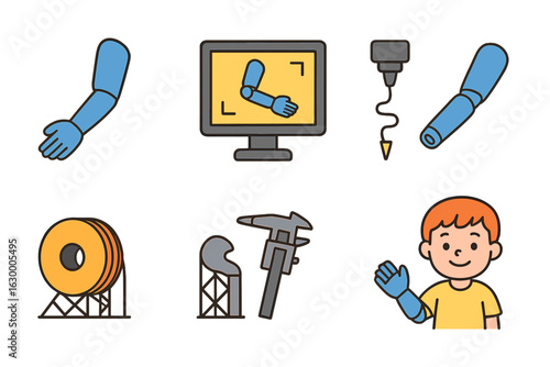 3D Prosthetic Design Icons. Flat vector mini-illustrations 3D printed prosthetic arm design in colors children's illustrations: 3D