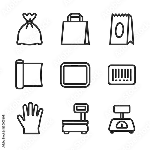 Supermarket Packaging Icons. Outline icon set of supermarket packaging: plastic produce bag, deli bag, bakery bag, plastic wrap,