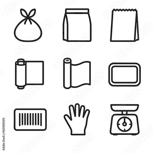 Supermarket Packaging Icons. Outline icon set of supermarket packaging: plastic produce bag, deli bag, bakery bag, plastic wrap,