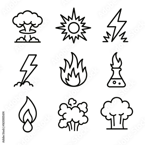 Energy Explosion Icons. Outline icon set of energy explosions: nuclear blast, plasma burst, electrical arc, lightning strike,