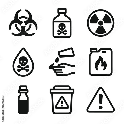 Hazardous Material Icons. Solid, filled icon set of hazardous material handling: biohazard symbol, chemical bottle, radioactive
