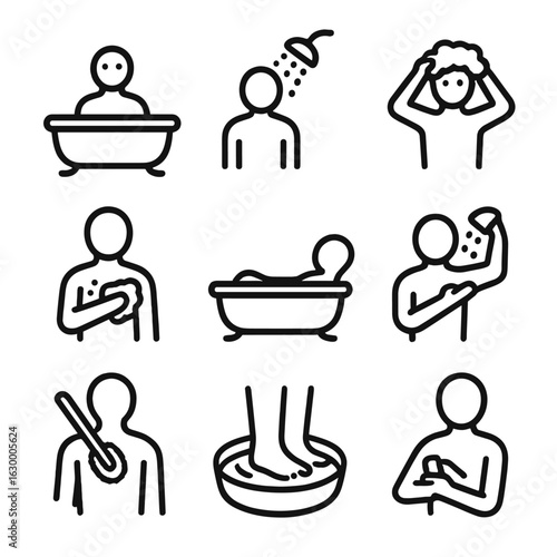 Bathing Activities Icons. Outline icon set of bathing activities: taking a bath, showering, washing hair, scrubbing body, relaxing