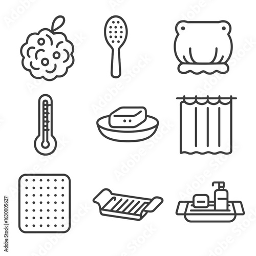Bath Accessories Icons. Outline icon set of bath accessories: bath sponge, bath brush, shower cap, bath pillow, bath thermometer,
