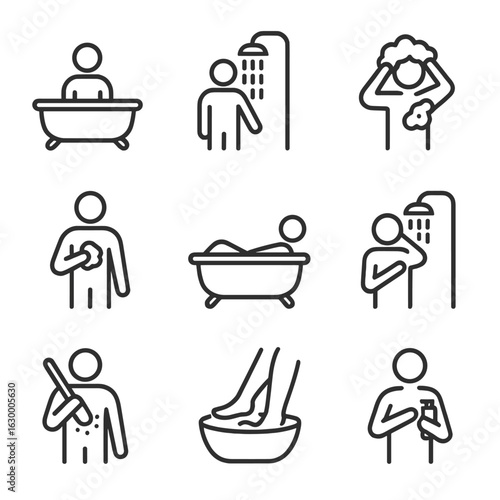 Bathing Activities Icons. Outline icon set of bathing activities: taking a bath, showering, washing hair, scrubbing body, relaxing