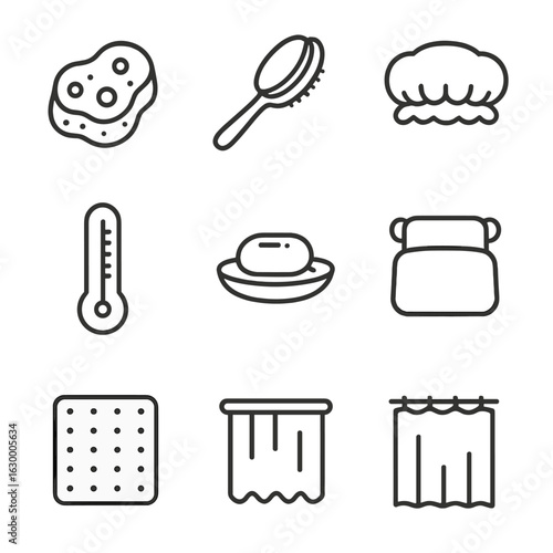 Bath Accessories Icons. Outline icon set of bath accessories: bath sponge, bath brush, shower cap, bath pillow, bath thermometer,